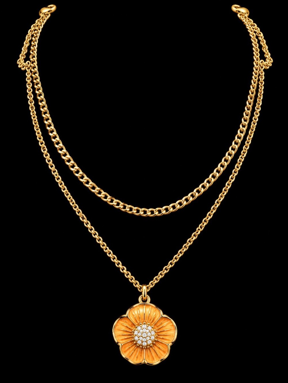 22kgp Dubai Jewelry Gold-Tone Orange Flower Pendant Layered Necklace